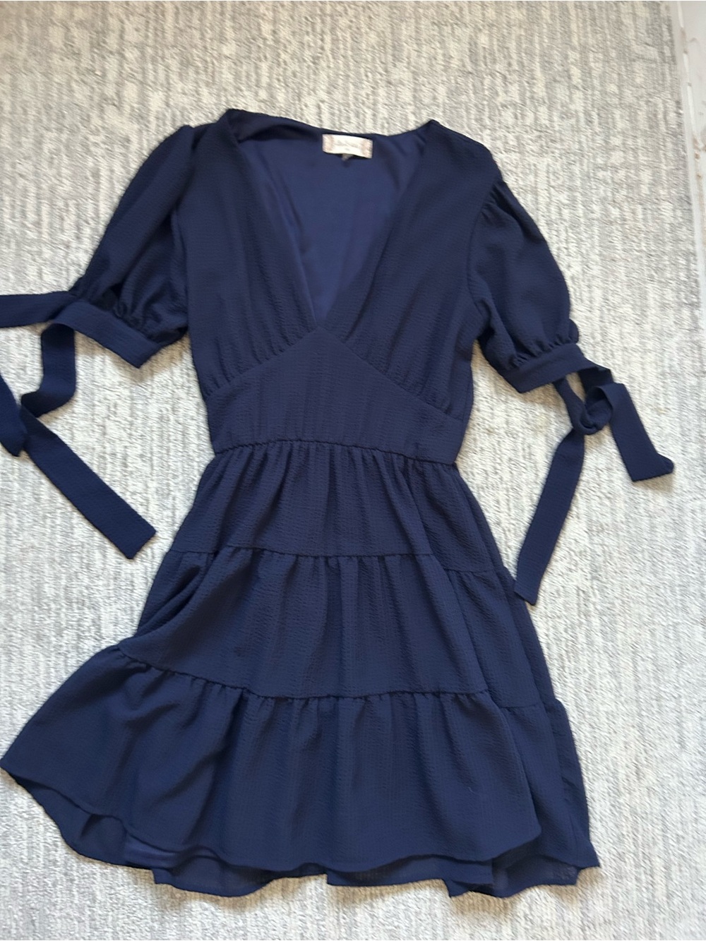 Altar'd State Navy Tiered V-Neck Short Dress with Tie Sleeves